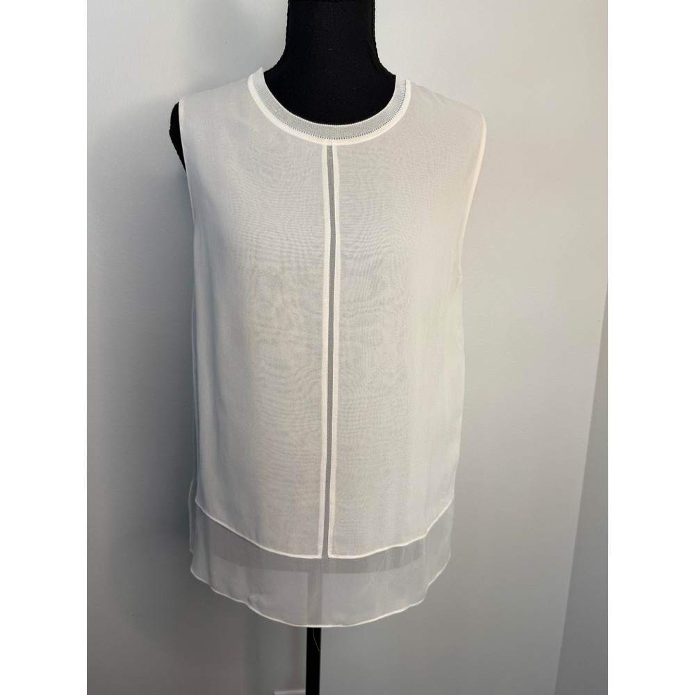 Vince Women's Off White 100% Silk Sleeveless Layered Mesh Trim Top M